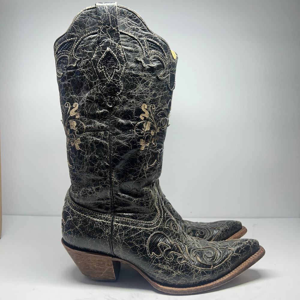 Corral Cowboy Boots Black Distressed Leather Western Women 7.5 M Embroidered